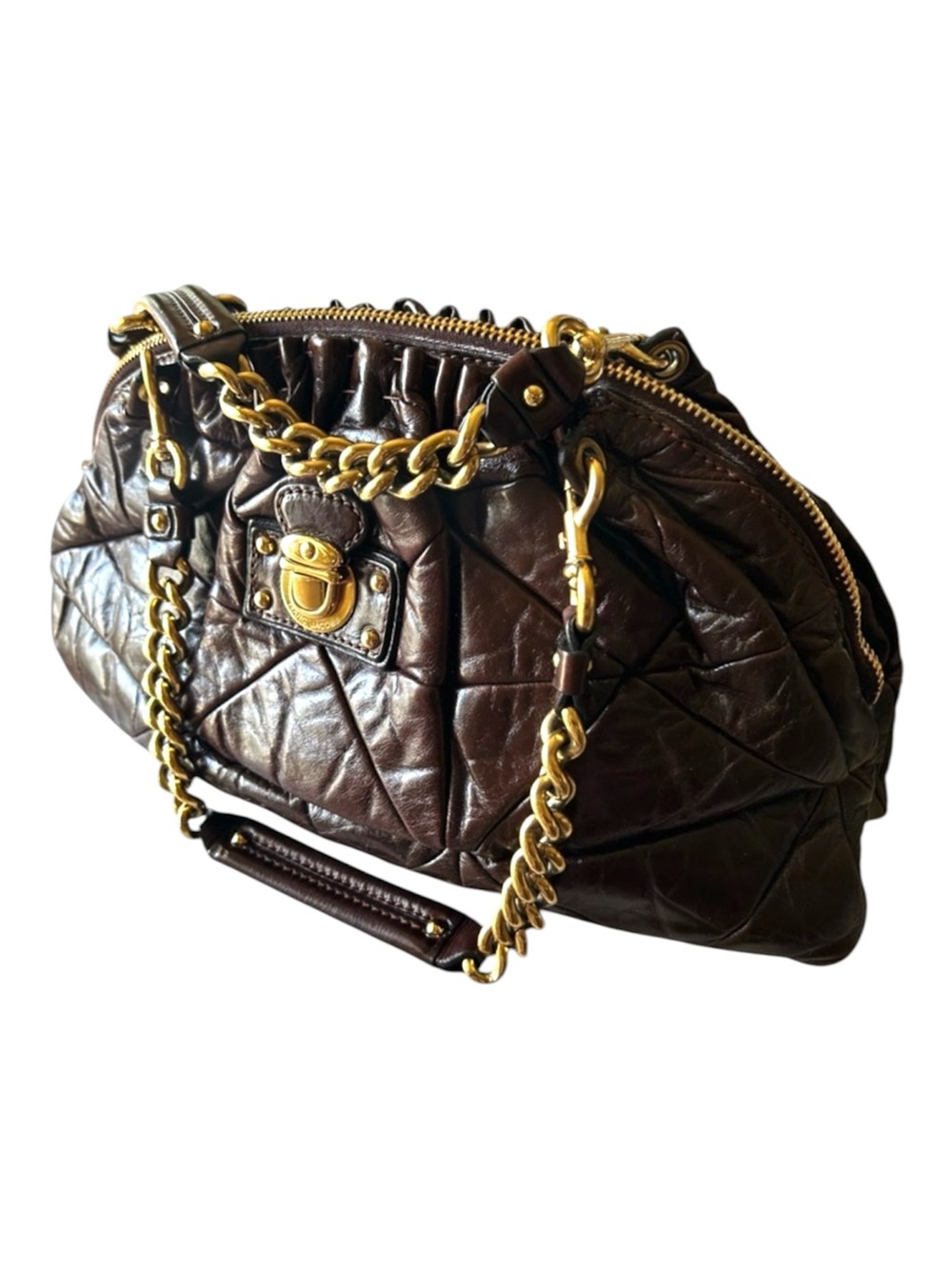 MARC JACOBS Cabra Quilted Dark Brown Leather Shoulder Bag Gold Hardware ITALY